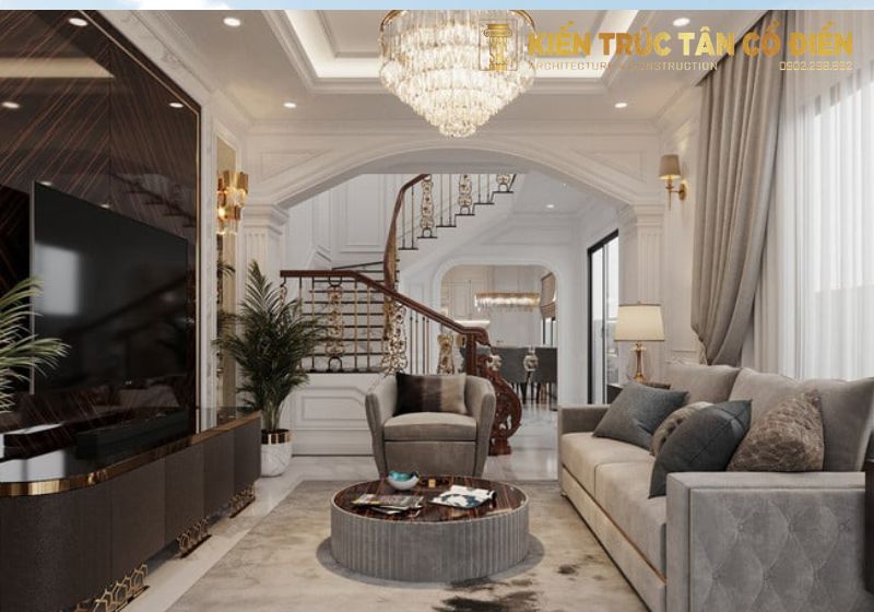 Nội thất phòng khách nhà ống tân cổ điển sang trọng là lựa chọn lý tưởng cho những ai yêu thích vẻ đẹp lịch lãm, mềm mại nhưng vẫn tiện nghi, hiện đại.