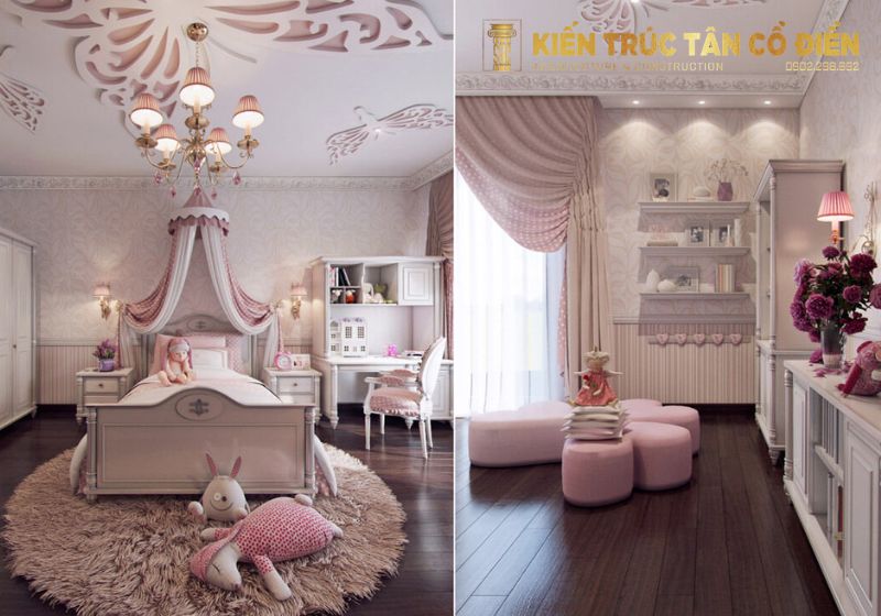 Mẫu thiết kế phòng ngủ tân cổ điển cho bé gái mang vẻ đẹp mềm mại, ngọt ngào và đầy tính nghệ thuật