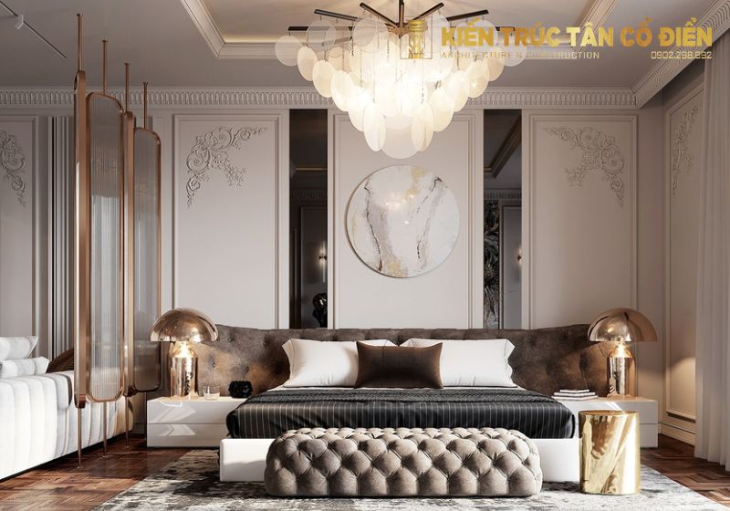 Bí quyết phối nội thất phòng ngủ tân cổ điển đẹp là sự kết hợp hài hòa giữa màu sắc, chất liệu, ánh sáng và cách bố trí đồ đạc 
