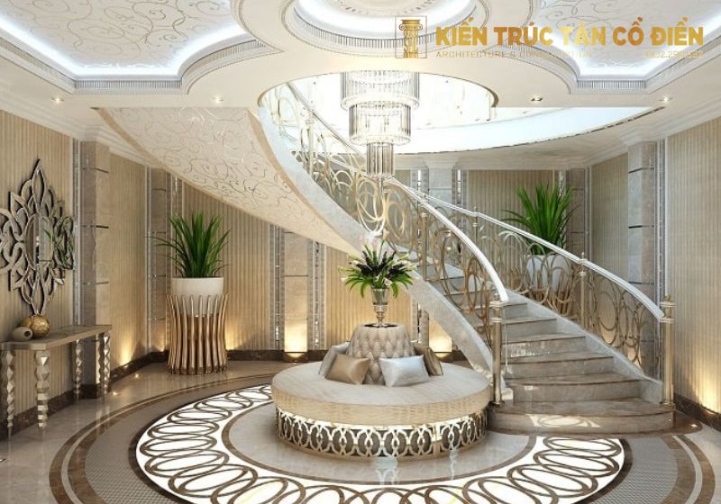 Trang trí cầu thang biệt thự tân cổ điển đẹp không chỉ là điểm kết nối giữa các tầng mà còn là một chi tiết thể hiện sự sang trọng