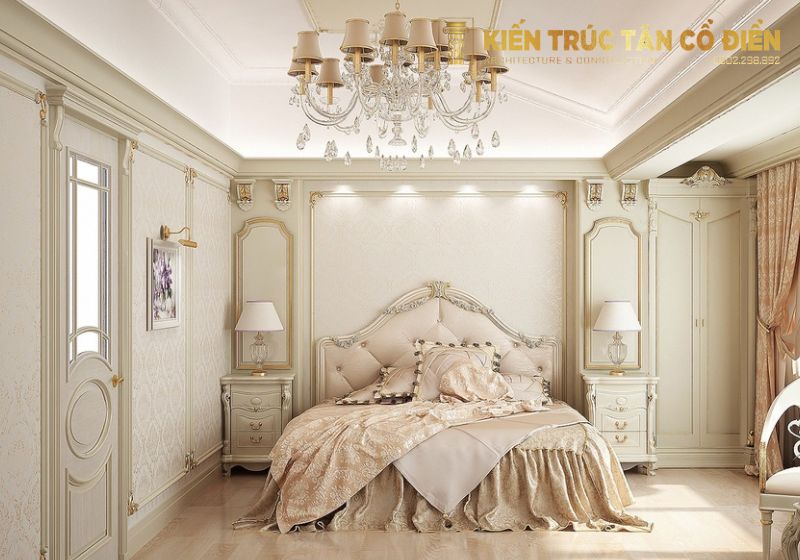 Nội thất phòng ngủ tân cổ điển màu trắng mang lại cảm giác tinh khôi, thanh lịch mà còn giúp không gian trở nên rộng mở 
