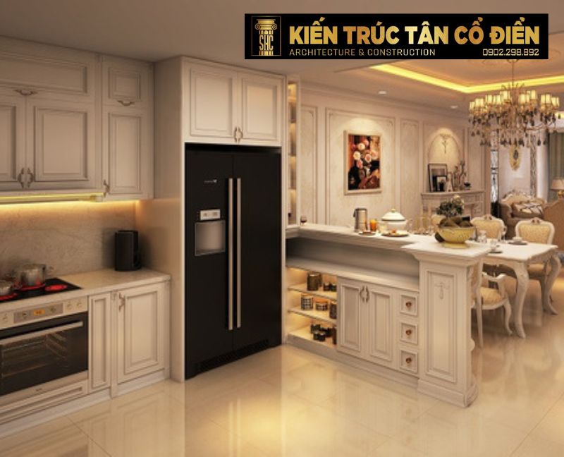 Thiết kế phòng bếp Tân cổ điển với nội thất cao cấp là xu hướng được nhiều gia chủ yêu thích bởi sự kết hợp hoàn hảo