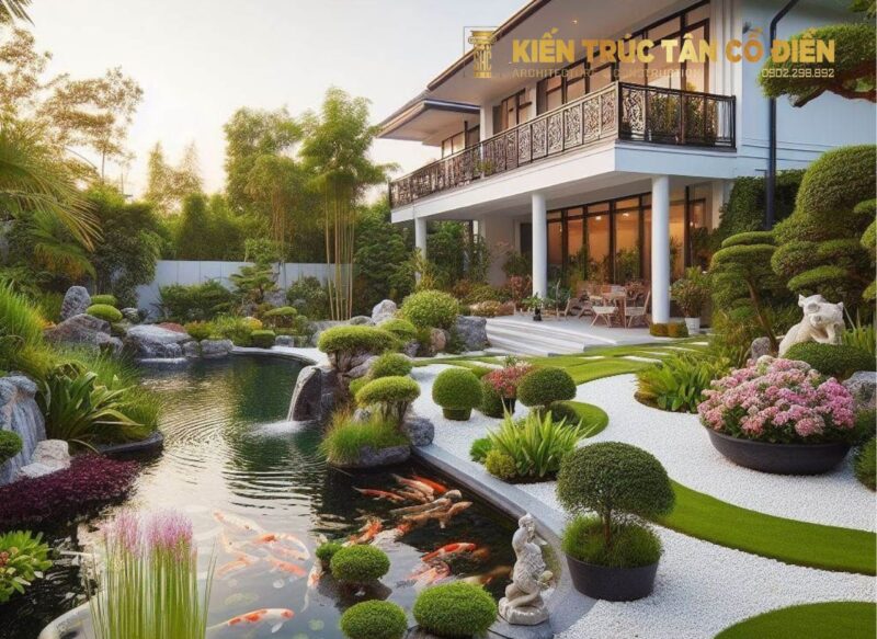 Biệt thự vườn kết hợp hồ cá – tiểu cảnh là mô hình nhà ở cao cấp đang được nhiều gia chủ lựa chọn